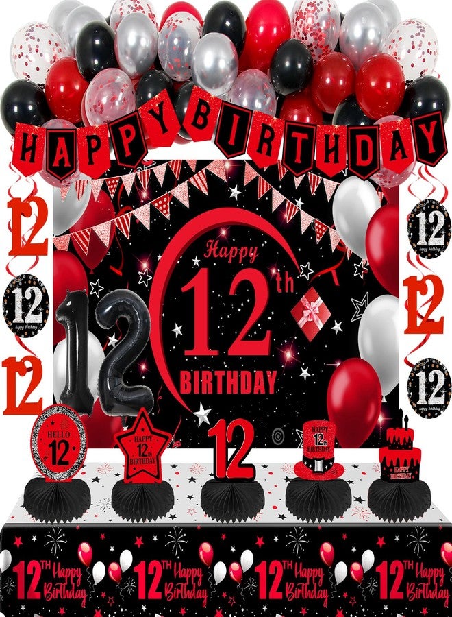 Coosilion 12th Birthday Decorations for Girls Boys Red Black, 12 Year Old Boy Girl Birthday Decorations with Happy Birthday Banner Backdrop 12 Balloon Number Honeycomb Centerpieces Tablecloth Party Supplies - Image 1